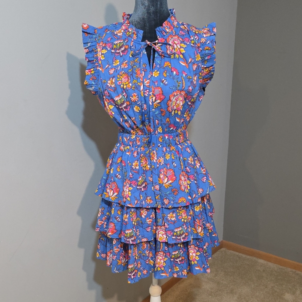Ro's Garden Floral Tiered Cotton Blue Dress Sz Medium‎